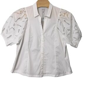 Nic+Zoe Eyelet Lace Sleeves Shirt Plus 2X Paper White Cotton Spandex Button NWT
